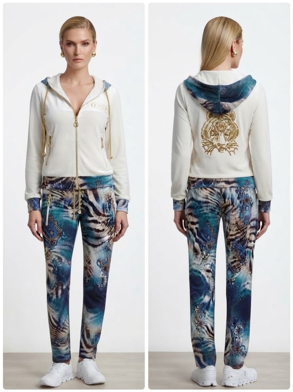 NWT WOMEN VELOUR TRACKSUIT 2PC SET HOODED JACKET/PANTS LOUNGEWEAR ANIMAL PRINT